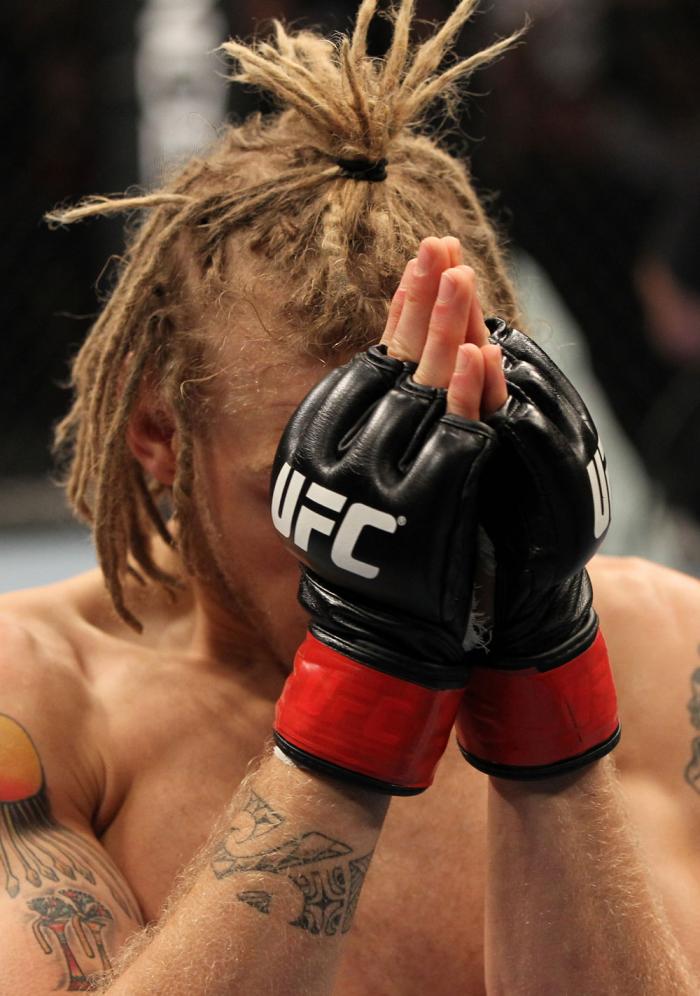 OMAHA, NE - FEBRUARY 15: Jonathan Brookins reacts after knocking out Vagner Rocha during the UFC on FUEL TV event at Omaha Civic Auditorium on February 15, 2012 in Omaha, Nebraska. (Photo by Josh Hedges/Zuffa LLC/Zuffa LLC via Getty Images) *** Local Ca
