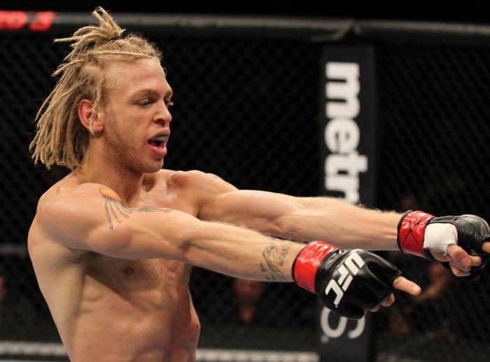 OMAHA, NE - FEBRUARY 15: Jonathan Brookins reacts after knocking out Vagner Rocha during the UFC on FUEL TV event at Omaha Civic Auditorium on February 15, 2012 in Omaha, Nebraska. (Photo by Josh Hedges/Zuffa LLC/Zuffa LLC via Getty Images) *** Local Ca