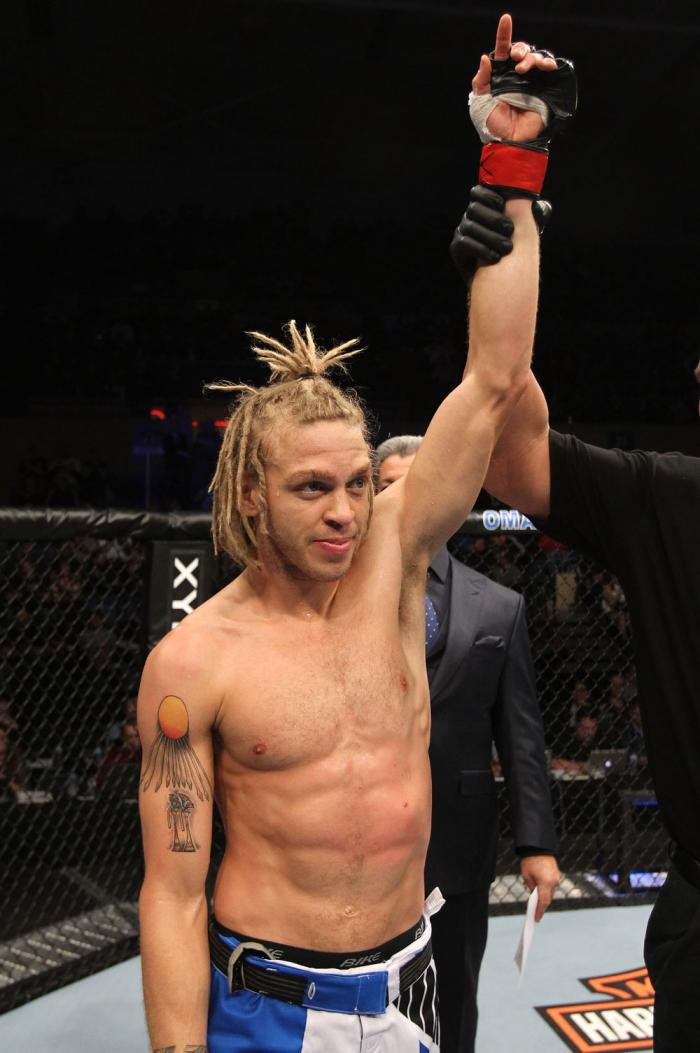 OMAHA, NE - FEBRUARY 15: Jonathan Brookins reacts after knocking out Vagner Rocha during the UFC on FUEL TV event at Omaha Civic Auditorium on February 15, 2012 in Omaha, Nebraska. (Photo by Josh Hedges/Zuffa LLC/Zuffa LLC via Getty Images) *** Local Ca
