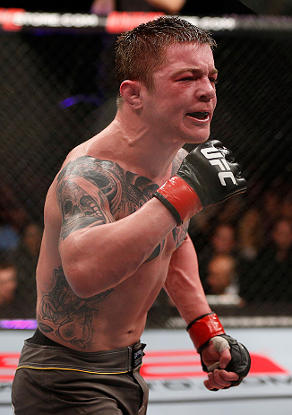 LONDON, ENGLAND - FEBRUARY 16: Andy Ogle reacts after defeating Josh Grispi in their featherweight fight during the UFC on Fuel TV event on February 16, 2013 at Wembley Arena in London, England. (Photo by Josh Hedges/Zuffa LLC/Zuffa LLC via Getty Images