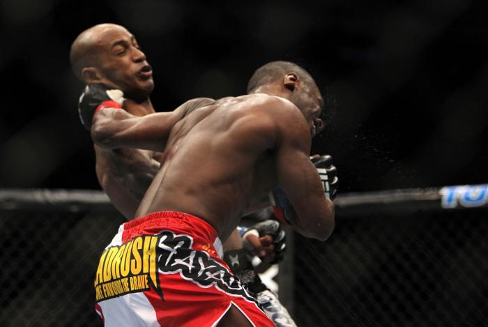 TORONTO, ON - DECEMBER 10: (L-R) Walel Watson punches Yves Jabouin during the UFC 140 event at Air Canada Centre on December 10, 2011 in Toronto, Ontario, Canada. (Photo by Josh Hedges/Zuffa LLC/Zuffa LLC via Getty Images)