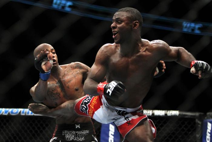 TORONTO, ON - DECEMBER 10: (R-L) Yves Jabouin kicks Walel Watson during the UFC 140 event at Air Canada Centre on December 10, 2011 in Toronto, Ontario, Canada. (Photo by Josh Hedges/Zuffa LLC/Zuffa LLC via Getty Images)