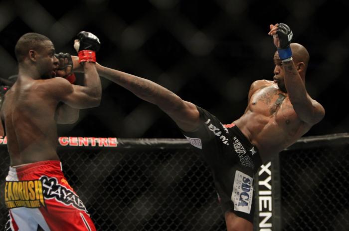 TORONTO, ON - DECEMBER 10: (R-L) Walel Watson kicks Yves Jabouin during the UFC 140 event at Air Canada Centre on December 10, 2011 in Toronto, Ontario, Canada. (Photo by Josh Hedges/Zuffa LLC/Zuffa LLC via Getty Images)
