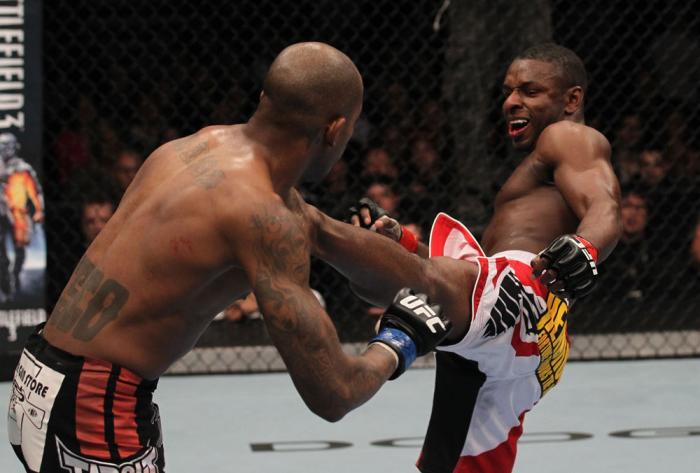 TORONTO, ON - DECEMBER 10: (R-L) Yves Jabouin kicks Walel Watson during the UFC 140 event at Air Canada Centre on December 10, 2011 in Toronto, Ontario, Canada. (Photo by Nick Laham/Zuffa LLC/Zuffa LLC via Getty Images)