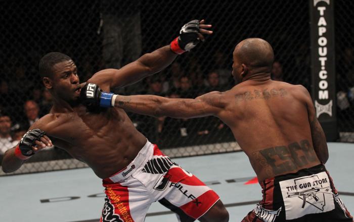 TORONTO, ON - DECEMBER 10: (R-L) Walel Watson punches Yves Jabouin during the UFC 140 event at Air Canada Centre on December 10, 2011 in Toronto, Ontario, Canada. (Photo by Nick Laham/Zuffa LLC/Zuffa LLC via Getty Images)