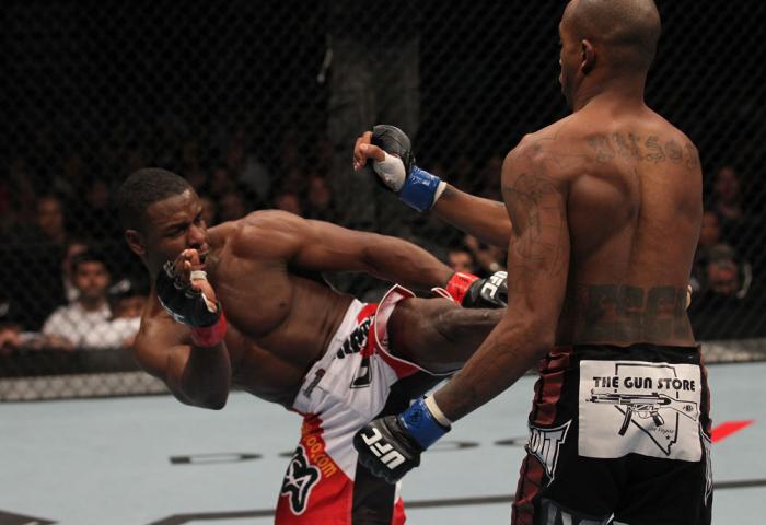 TORONTO, ON - DECEMBER 10: (L-R) Yves Jabouin kicks Walel Watson during the UFC 140 event at Air Canada Centre on December 10, 2011 in Toronto, Ontario, Canada. (Photo by Nick Laham/Zuffa LLC/Zuffa LLC via Getty Images)