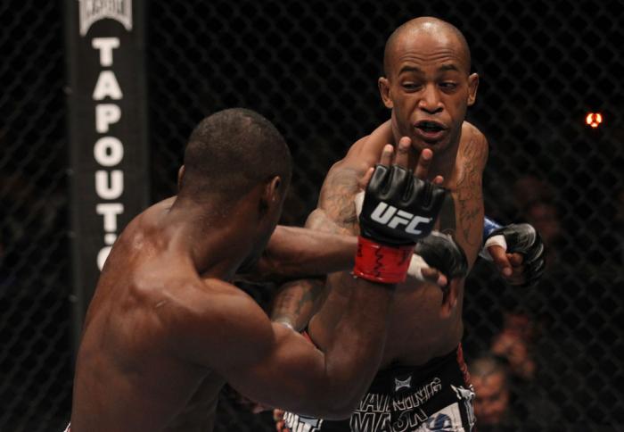 TORONTO, ON - DECEMBER 10: (R-L) Walel Watson punches Yves Jabouin during the UFC 140 event at Air Canada Centre on December 10, 2011 in Toronto, Ontario, Canada. (Photo by Nick Laham/Zuffa LLC/Zuffa LLC via Getty Images)