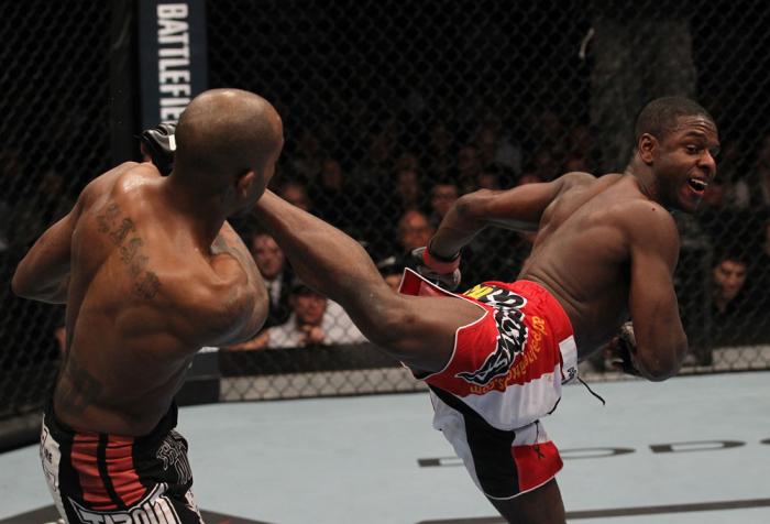 TORONTO, ON - DECEMBER 10: (R-L) Yves Jabouin kicks Walel Watson during the UFC 140 event at Air Canada Centre on December 10, 2011 in Toronto, Ontario, Canada. (Photo by Nick Laham/Zuffa LLC/Zuffa LLC via Getty Images)