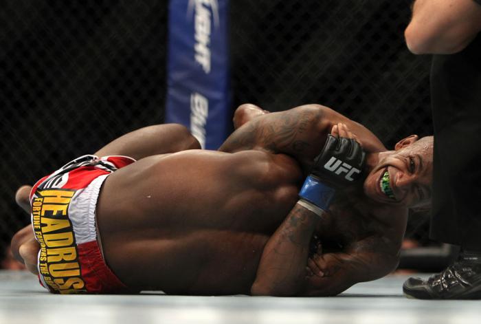 TORONTO, ON - DECEMBER 10: (R-L) Walel Watson attempts a choke submission against Yves Jabouin during the UFC 140 event at Air Canada Centre on December 10, 2011 in Toronto, Ontario, Canada. (Photo by Josh Hedges/Zuffa LLC/Zuffa LLC via Getty Images)
