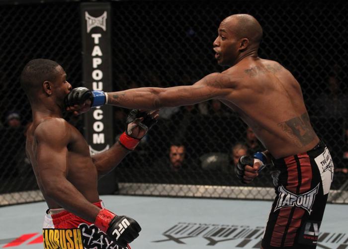 TORONTO, ON - DECEMBER 10: (R-L) Walel Watson punches Yves Jabouin during the UFC 140 event at Air Canada Centre on December 10, 2011 in Toronto, Ontario, Canada. (Photo by Nick Laham/Zuffa LLC/Zuffa LLC via Getty Images)