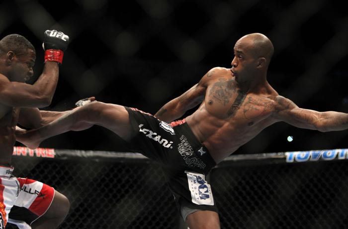 TORONTO, ON - DECEMBER 10: (R-L) Walel Watson kicks Yves Jabouin during the UFC 140 event at Air Canada Centre on December 10, 2011 in Toronto, Ontario, Canada. (Photo by Josh Hedges/Zuffa LLC/Zuffa LLC via Getty Images)