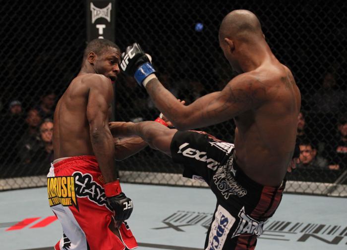 TORONTO, ON - DECEMBER 10: (R-L) Walel Watson kicks Yves Jabouin during the UFC 140 event at Air Canada Centre on December 10, 2011 in Toronto, Ontario, Canada. (Photo by Nick Laham/Zuffa LLC/Zuffa LLC via Getty Images)