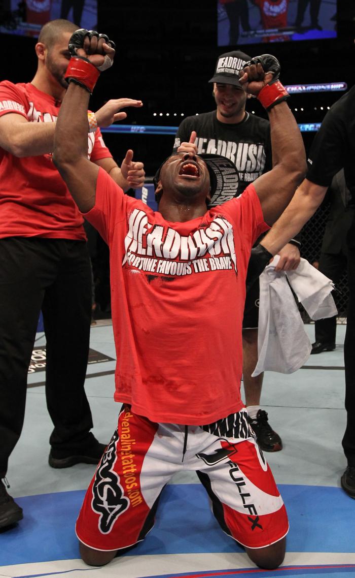 TORONTO, ON - DECEMBER 10: Yves Jabouin reacts after defeating Walel Watson by split decision during the UFC 140 event at Air Canada Centre on December 10, 2011 in Toronto, Ontario, Canada. (Photo by Nick Laham/Zuffa LLC/Zuffa LLC via Getty Images)