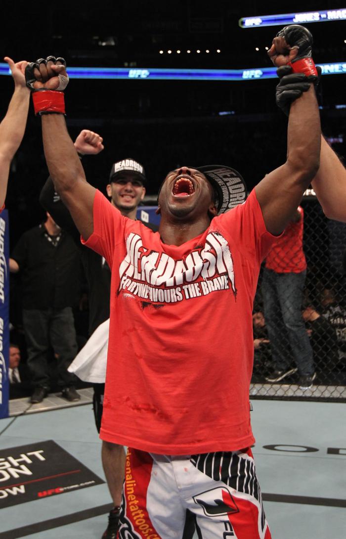 TORONTO, ON - DECEMBER 10: Yves Jabouin reacts after defeating Walel Watson by split decision during the UFC 140 event at Air Canada Centre on December 10, 2011 in Toronto, Ontario, Canada. (Photo by Nick Laham/Zuffa LLC/Zuffa LLC via Getty Images)