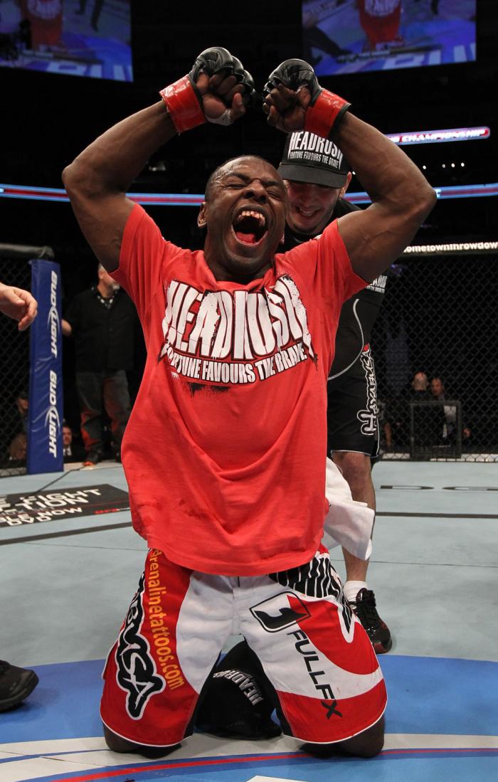 TORONTO, ON - DECEMBER 10: Yves Jabouin reacts after defeating Walel Watson by split decision during the UFC 140 event at Air Canada Centre on December 10, 2011 in Toronto, Ontario, Canada. (Photo by Nick Laham/Zuffa LLC/Zuffa LLC via Getty Images)