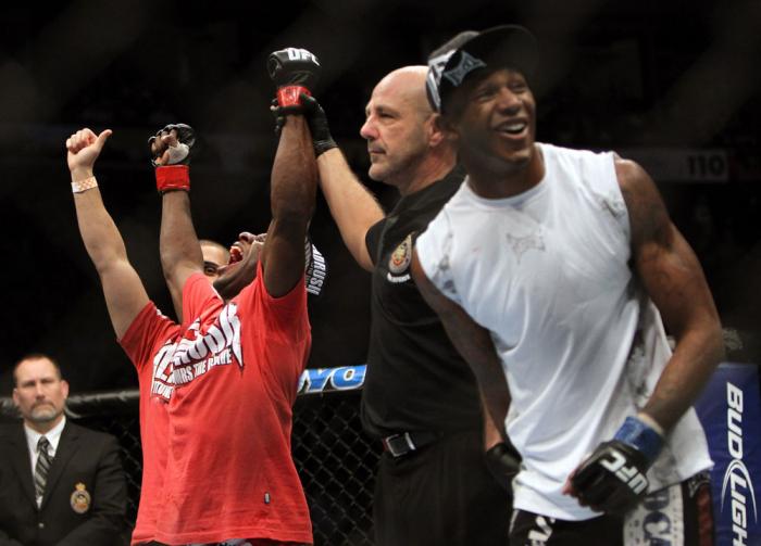 TORONTO, ON - DECEMBER 10: Yves Jabouin (L) and Walel Watson (R) react after Jabouin is announced the winner by split decision in their bout during the UFC 140 event at Air Canada Centre on December 10, 2011 in Toronto, Ontario, Canada. (Photo by Josh H