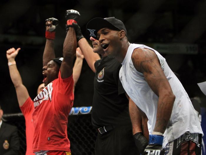 TORONTO, ON - DECEMBER 10: Yves Jabouin (L) and Walel Watson (R) react after Jabouin is announced the winner by split decision in their bout during the UFC 140 event at Air Canada Centre on December 10, 2011 in Toronto, Ontario, Canada. (Photo by Josh H