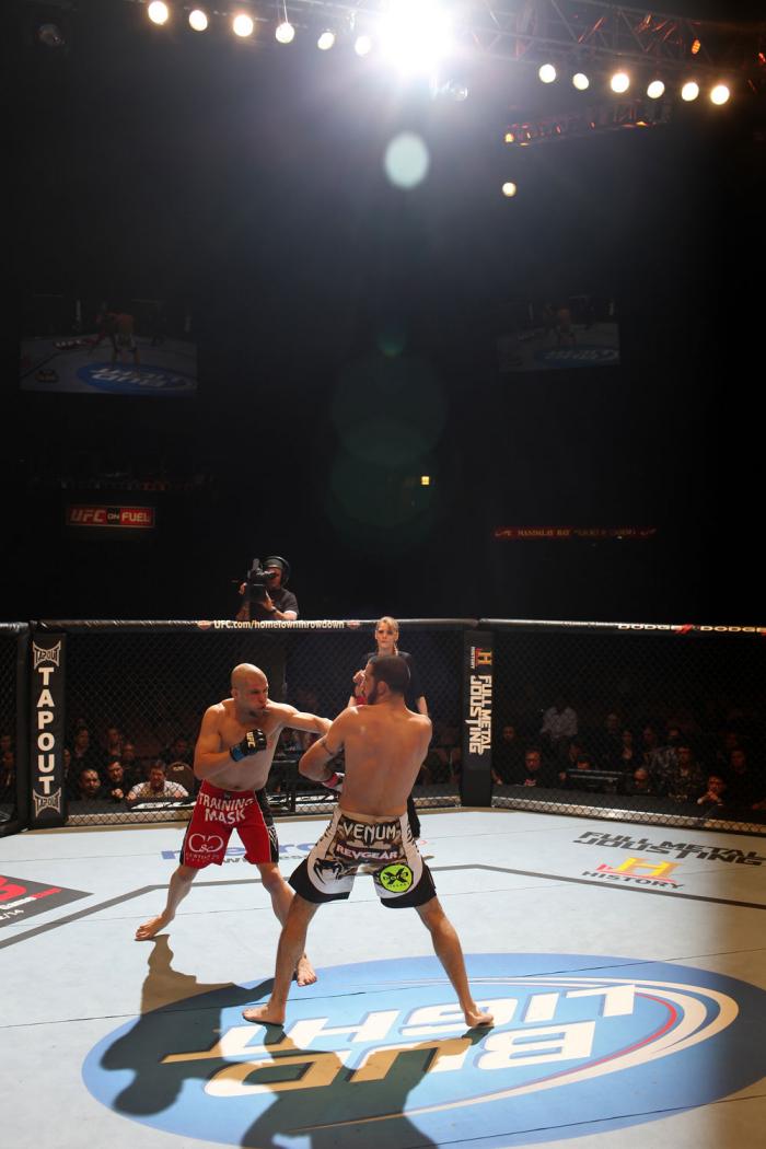 LAS VEGAS, NV - FEBRUARY 04: Chris Cope (left) punches Matt Brown during the UFC 143 event at Mandalay Bay Events Center on February 4, 2012 in Las Vegas, Nevada. (Photo by Nick Laham/Zuffa LLC/Zuffa LLC via Getty Images) *** Local Caption *** Chris Cop