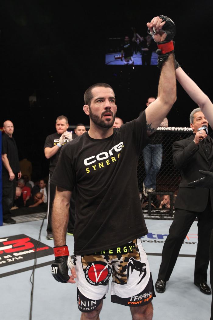 LAS VEGAS, NV - FEBRUARY 04: Matt Brown is declared the winner in his fight against Chris Cope during the UFC 143 event at Mandalay Bay Events Center on February 4, 2012 in Las Vegas, Nevada. (Photo by Nick Laham/Zuffa LLC/Zuffa LLC via Getty Images) **