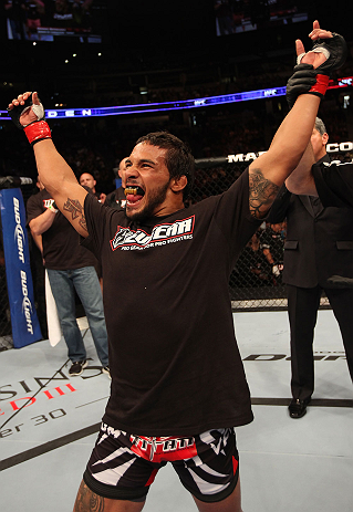 DENVER, CO - AUGUST 11: Dennis Bermudez reacts after submitting Tom Hayden during their featherweight bout at UFC 150 inside Pepsi Center on August 11, 2012 in Denver, Colorado. (Photo by Nick Laham/Zuffa LLC/Zuffa LLC via Getty Images)