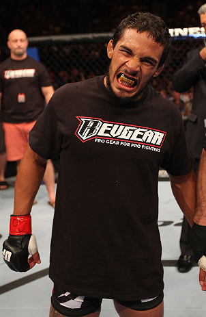 DENVER, CO - AUGUST 11: Dennis Bermudez reacts after submitting Tom Hayden during their featherweight bout at UFC 150 inside Pepsi Center on August 11, 2012 in Denver, Colorado. (Photo by Nick Laham/Zuffa LLC/Zuffa LLC via Getty Images)
