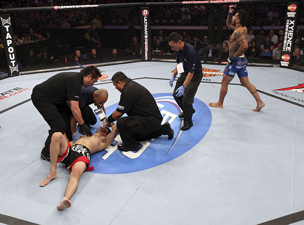 CALGARY, CANADA - JULY 21: Francisco Rivera celebrates after defeating Roland Delorme during their bantamweight bout at UFC 149 inside the Scotiabank Saddledome on July 21, 2012 in Calgary, Alberta, Canada. (Photo by Nick Laham/Zuffa LLC/Zuffa LLC via G