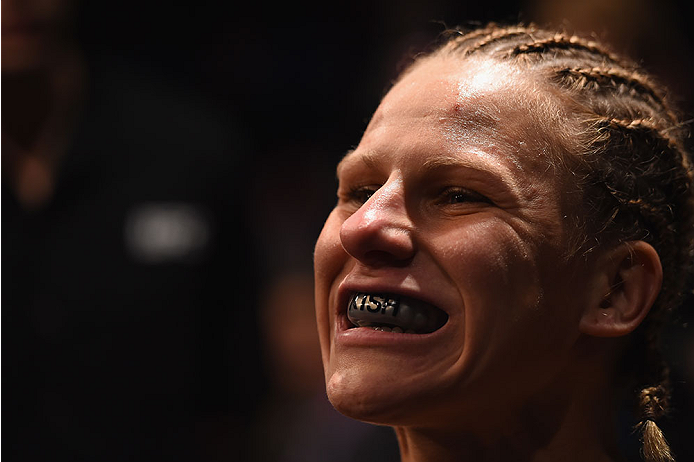 LAS VEGAS, NV - JANUARY 02: Justine Kish prepares to enter the Octagon to face Nina Ansaroff in their women's strawweight bout during the UFC 195 event inside MGM Grand Garden Arena on January 2, 2016 in Las Vegas, Nevada. (Photo by Josh Hedges/Zuffa LLC