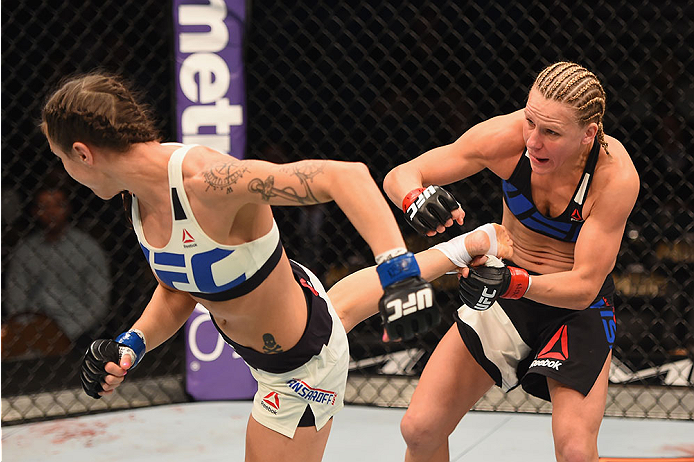 LAS VEGAS, NV - JANUARY 02: (L-R) Nina Ansaroff kicks Justine Kish in their women's strawweight bout during the UFC 195 event inside MGM Grand Garden Arena on January 2, 2016 in Las Vegas, Nevada. (Photo by Josh Hedges/Zuffa LLC/Zuffa LLC via Getty Image