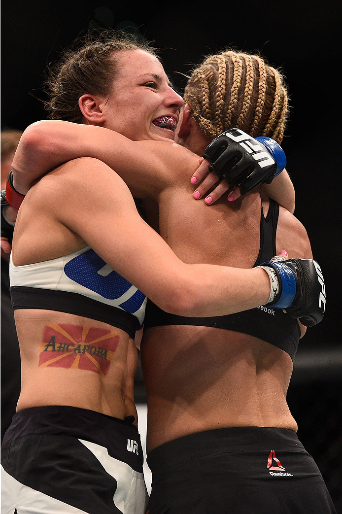 LAS VEGAS, NV - JANUARY 02: (L-R) Nina Ansaroff and Justine Kish embrace after their women's strawweight bout during the UFC 195 event inside MGM Grand Garden Arena on January 2, 2016 in Las Vegas, Nevada. (Photo by Jeff Bottari/Zuffa LLC/Zuffa LLC via G