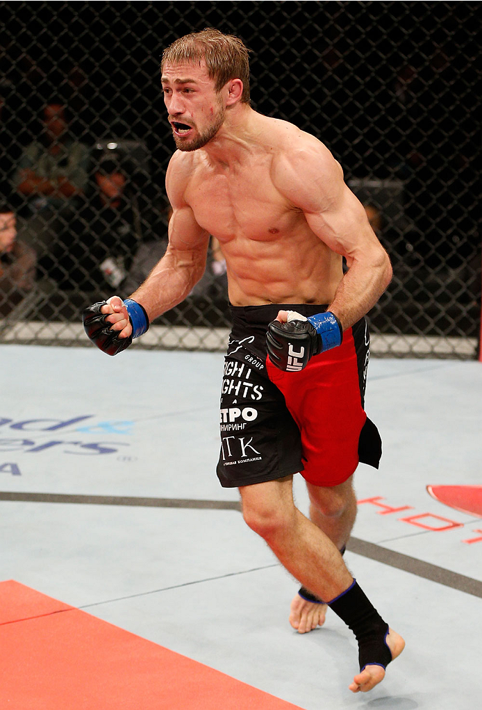 BELO HORIZONTE, BRAZIL - SEPTEMBER 04: Ali Bagautinov reacts after knocking out Marcos Vinicius in their flyweight fight during the UFC on FOX Sports 1 event at Mineirinho Arena on September 4, 2013 in Belo Horizonte, Brazil. (Photo by Josh Hedges/Zuffa