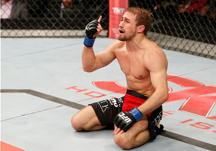 BELO HORIZONTE, BRAZIL - SEPTEMBER 04: Ali Bagautinov reacts after knocking out Marcos Vinicius in their flyweight fight during the UFC on FOX Sports 1 event at Mineirinho Arena on September 4, 2013 in Belo Horizonte, Brazil. (Photo by Josh Hedges/Zuffa