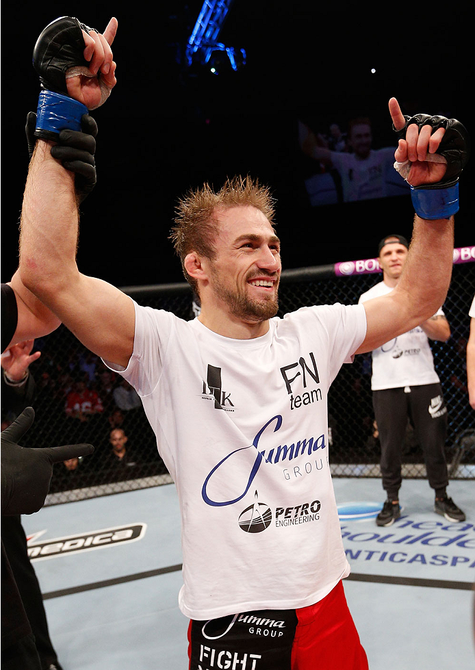 BELO HORIZONTE, BRAZIL - SEPTEMBER 04: Ali Bagautinov reacts after knocking out Marcos Vinicius in their flyweight fight during the UFC on FOX Sports 1 event at Mineirinho Arena on September 4, 2013 in Belo Horizonte, Brazil. (Photo by Josh Hedges/Zuffa