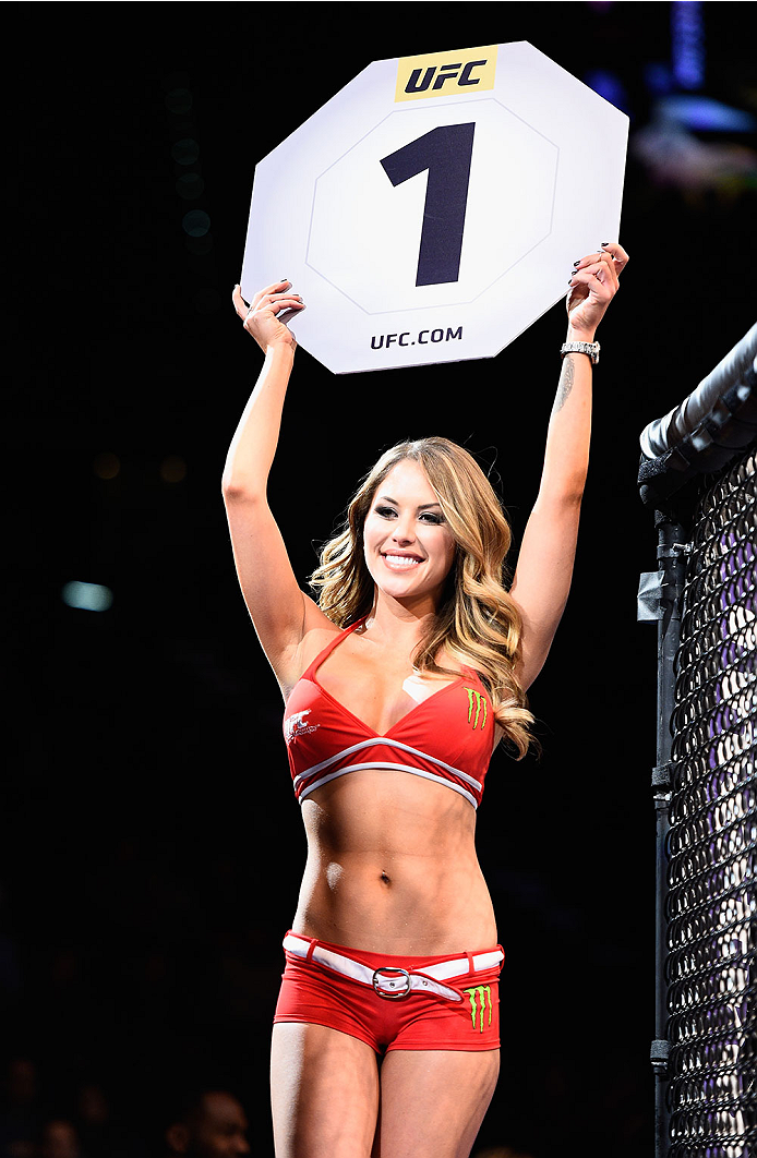 LAS VEGAS, NV - JANUARY 02: Octagon Girl Brittney Palmer introduces round one of Noke vs Morono during the UFC 195 event inside MGM Grand Garden Arena on January 2, 2016 in Las Vegas, Nevada. (Photo by Jeff Bottari/Zuffa LLC/Zuffa LLC via Getty Images)