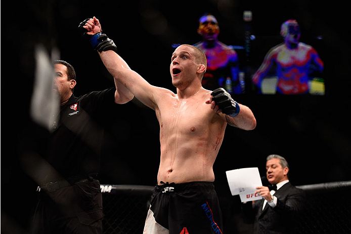 LAS VEGAS, NV - JANUARY 02: Alex Morono reacts to his victory over Kyle Noke of Australia in their welterweight bout during the UFC 195 event inside MGM Grand Garden Arena on January 2, 2016 in Las Vegas, Nevada. (Photo by Jeff Bottari/Zuffa LLC/Zuffa LL