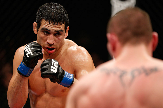 LONDON, ENGLAND - FEBRUARY 16: (L-R) Danny Castillo squares off with Paul Sass in their lightweight fight during the UFC on Fuel TV event on February 16, 2013 at Wembley Arena in London, England. (Photo by Josh Hedges/Zuffa LLC/Zuffa LLC via Getty Image