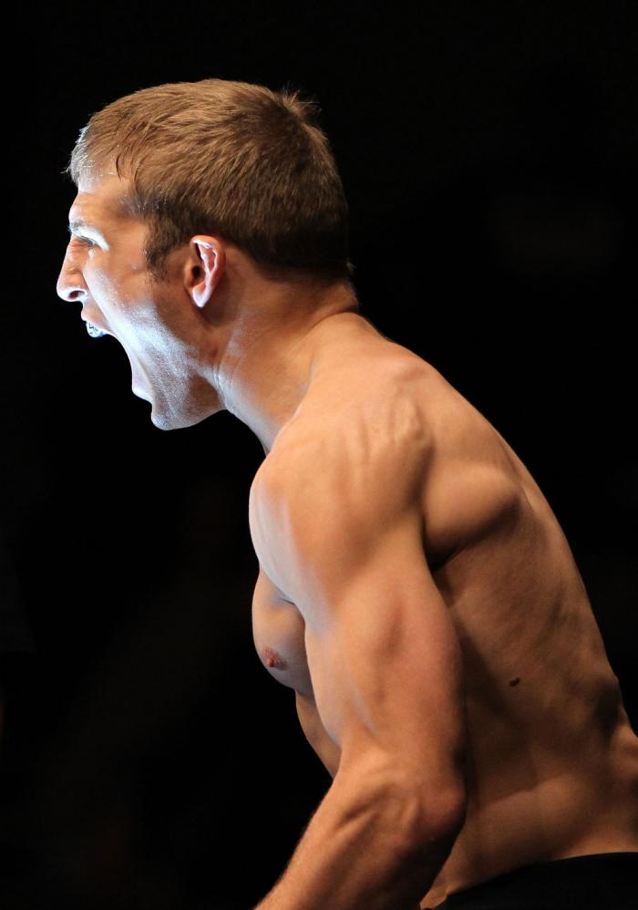 OMAHA, NE - FEBRUARY 15: TJ Dillashaw prepares to enter the Octagon before his bout against Walel Watson during the UFC on FUEL TV event at Omaha Civic Auditorium on February 15, 2012 in Omaha, Nebraska. (Photo by Josh Hedges/Zuffa LLC/Zuffa LLC via Get