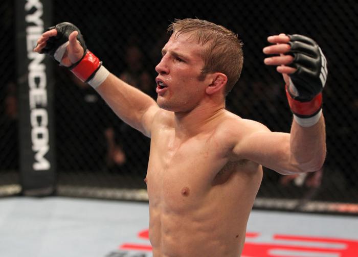 OMAHA, NE - FEBRUARY 15: TJ Dillashaw reacts after defeating Walel Watson during the UFC on FUEL TV event at Omaha Civic Auditorium on February 15, 2012 in Omaha, Nebraska. (Photo by Josh Hedges/Zuffa LLC/Zuffa LLC via Getty Images) *** Local Caption **