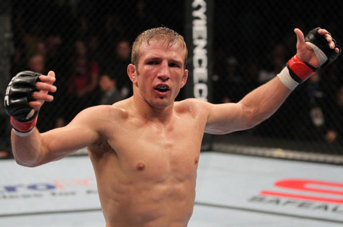 OMAHA, NE - FEBRUARY 15: TJ Dillashaw reacts after defeating Walel Watson during the UFC on FUEL TV event at Omaha Civic Auditorium on February 15, 2012 in Omaha, Nebraska. (Photo by Josh Hedges/Zuffa LLC/Zuffa LLC via Getty Images) *** Local Caption **