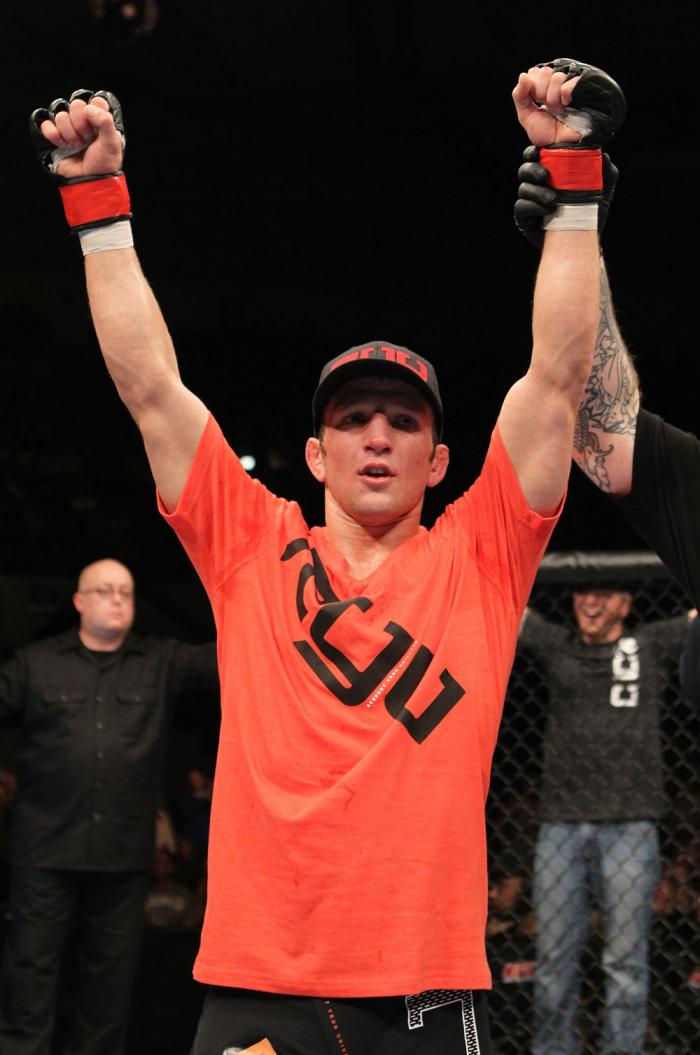 OMAHA, NE - FEBRUARY 15: TJ Dillashaw reacts after defeating Walel Watson during the UFC on FUEL TV event at Omaha Civic Auditorium on February 15, 2012 in Omaha, Nebraska. (Photo by Josh Hedges/Zuffa LLC/Zuffa LLC via Getty Images) *** Local Caption **