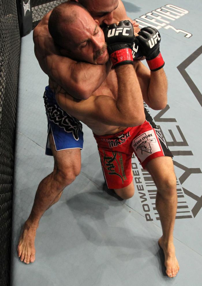 TORONTO, ON - DECEMBER 10: (L-R) Constantinos Philippou attempts a rear choke against Jared Hamman during the UFC 140 event at Air Canada Centre on December 10, 2011 in Toronto, Ontario, Canada. (Photo by Nick Laham/Zuffa LLC/Zuffa LLC via Getty Images)