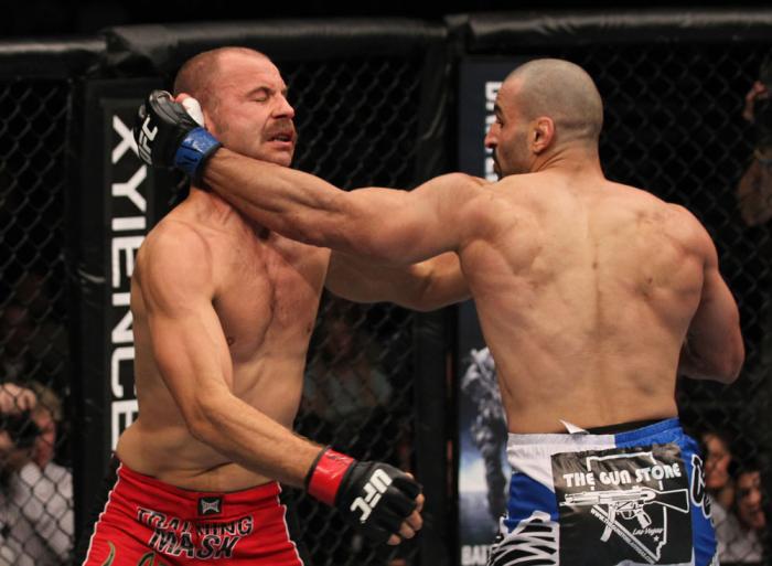 TORONTO, ON - DECEMBER 10: (R-L) Constantinos Philippou punches Jared Hamman during the UFC 140 event at Air Canada Centre on December 10, 2011 in Toronto, Ontario, Canada. (Photo by Nick Laham/Zuffa LLC/Zuffa LLC via Getty Images)