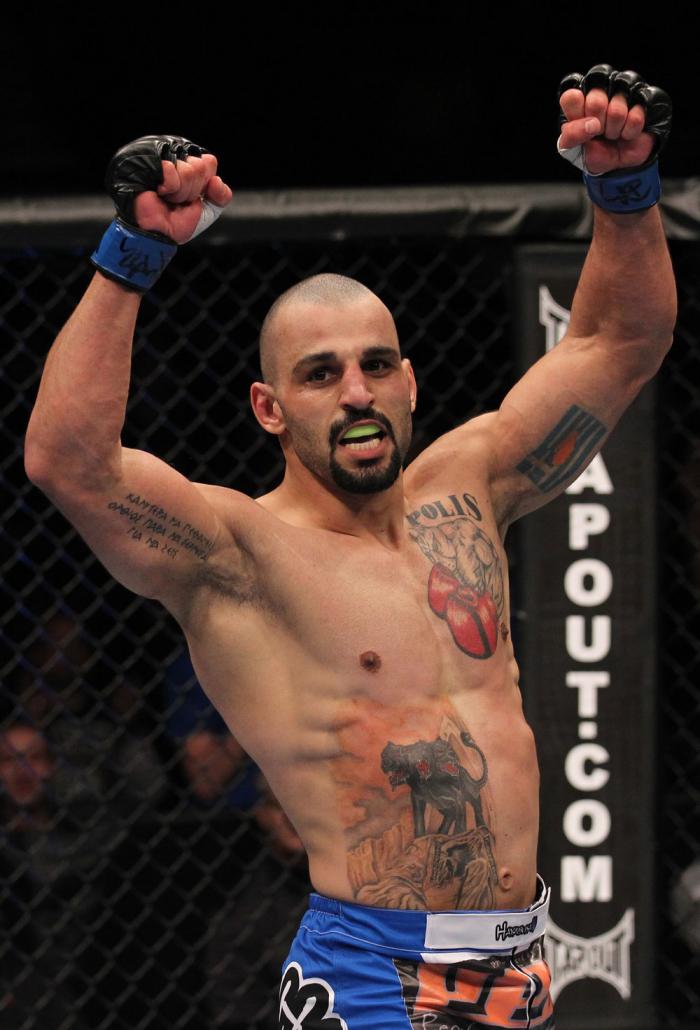 TORONTO, ON - DECEMBER 10: Constantinos Philippou reacts after knocking out Jared Hamman during the UFC 140 event at Air Canada Centre on December 10, 2011 in Toronto, Ontario, Canada. (Photo by Nick Laham/Zuffa LLC/Zuffa LLC via Getty Images)