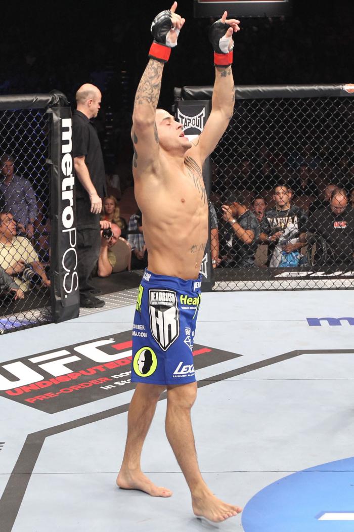 LAS VEGAS, NV - FEBRUARY 04: Dustin Poirier reacts to his submission victory over Max Holloway during the UFC 143 event at Mandalay Bay Events Center on February 4, 2012 in Las Vegas, Nevada. (Photo by Nick Laham/Zuffa LLC/Zuffa LLC via Getty Images) **