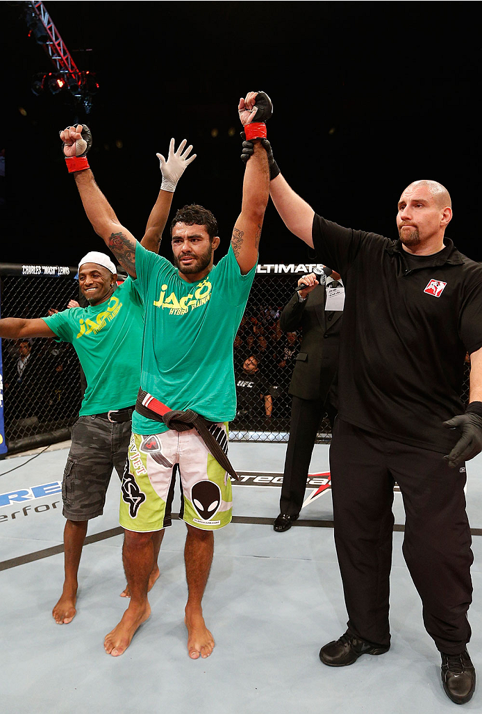 BELO HORIZONTE, BRAZIL - SEPTEMBER 04: Rafael Natal reacts after his victory over Tor Troeng in their middleweight fight during the UFC on FOX Sports 1 event at Mineirinho Arena on September 4, 2013 in Belo Horizonte, Brazil. (Photo by Josh Hedges/Zuffa