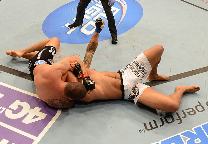 ANAHEIM, CA - FEBRUARY 23: (L-R) Brendan Schaub attempts to submit Lavar Johnson in their heavyweight bout during UFC 157 at Honda Center on February 23, 2013 in Anaheim, California. (Photo by Donald Miralle/Zuffa LLC/Zuffa LLC via Getty Images) *** Loc