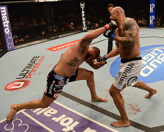 ANAHEIM, CA - FEBRUARY 23: (L-R) Brendan Schaub punches Lavar Johnson in their heavyweight bout during UFC 157 at Honda Center on February 23, 2013 in Anaheim, California. (Photo by Donald Miralle/Zuffa LLC/Zuffa LLC via Getty Images) *** Local Caption