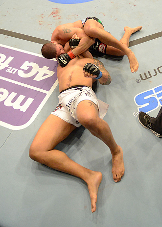 ANAHEIM, CA - FEBRUARY 23: Brendan Schaub (top) attempts to submit Lavar Johnson in their heavyweight bout during UFC 157 at Honda Center on February 23, 2013 in Anaheim, California. (Photo by Donald Miralle/Zuffa LLC/Zuffa LLC via Getty Images) *** Loc