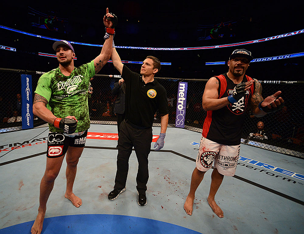 ANAHEIM, CA - FEBRUARY 23: Brendan Schaub (left) reacts to his victory over Lavar Johnson (right) in their heavyweight bout during UFC 157 at Honda Center on February 23, 2013 in Anaheim, California. (Photo by Donald Miralle/Zuffa LLC/Zuffa LLC via Gett
