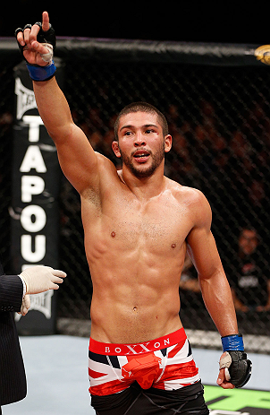 LONDON, ENGLAND - FEBRUARY 16: Renee Forte salutes the UK fans after his lightweight fight against Terry Etim during the UFC on Fuel TV event on February 16, 2013 at Wembley Arena in London, England. (Photo by Josh Hedges/Zuffa LLC/Zuffa LLC via Getty I