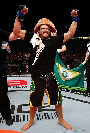 LONDON, ENGLAND - FEBRUARY 16: Renee Forte reacts after defeating Terry Etim in their lightweight fight during the UFC on Fuel TV event on February 16, 2013 at Wembley Arena in London, England. (Photo by Josh Hedges/Zuffa LLC/Zuffa LLC via Getty Images)